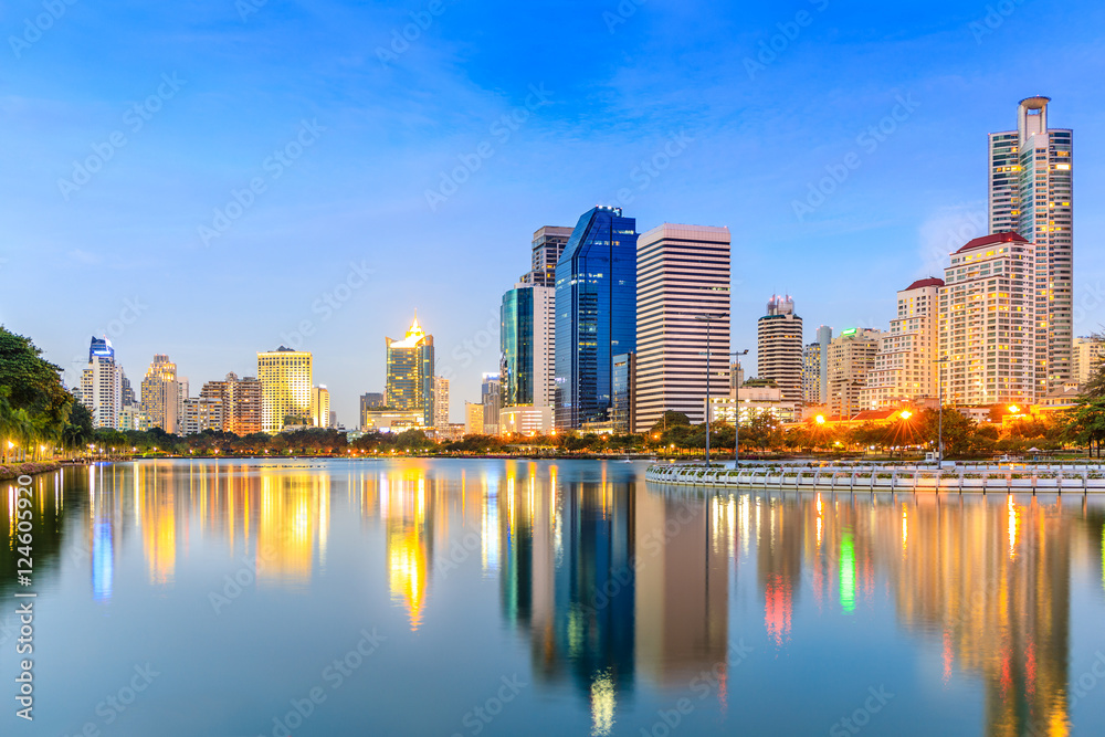 Modern Office Buildings in Bangkok, Thailand, at Twilight with Blue Sky