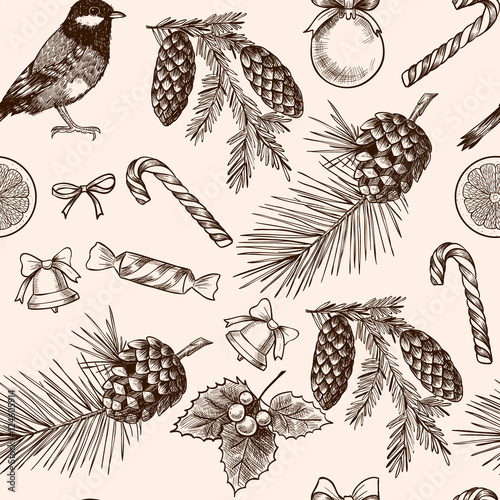 Christmas background. Vector  seamless pattern, great choice for wrapping paper pattern. Vintage style