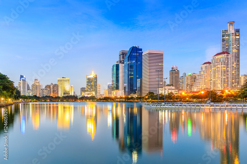 Modern Office Buildings in Bangkok, Thailand, at Twilight with Blue Sky © supparsorn