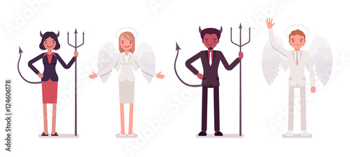 Set of male, female angel and devil in a formal wear standing in a line. Cartoon vector flat-style illustration