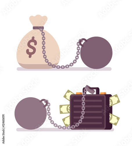 Case full of money and money sack on a metal chain with weight. Cartoon vector flat-style illustration