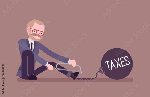 Businessman chained with a giant metall weight with a title Taxes trying to escape, sawing. Cartoon vector flat-style concept illustration