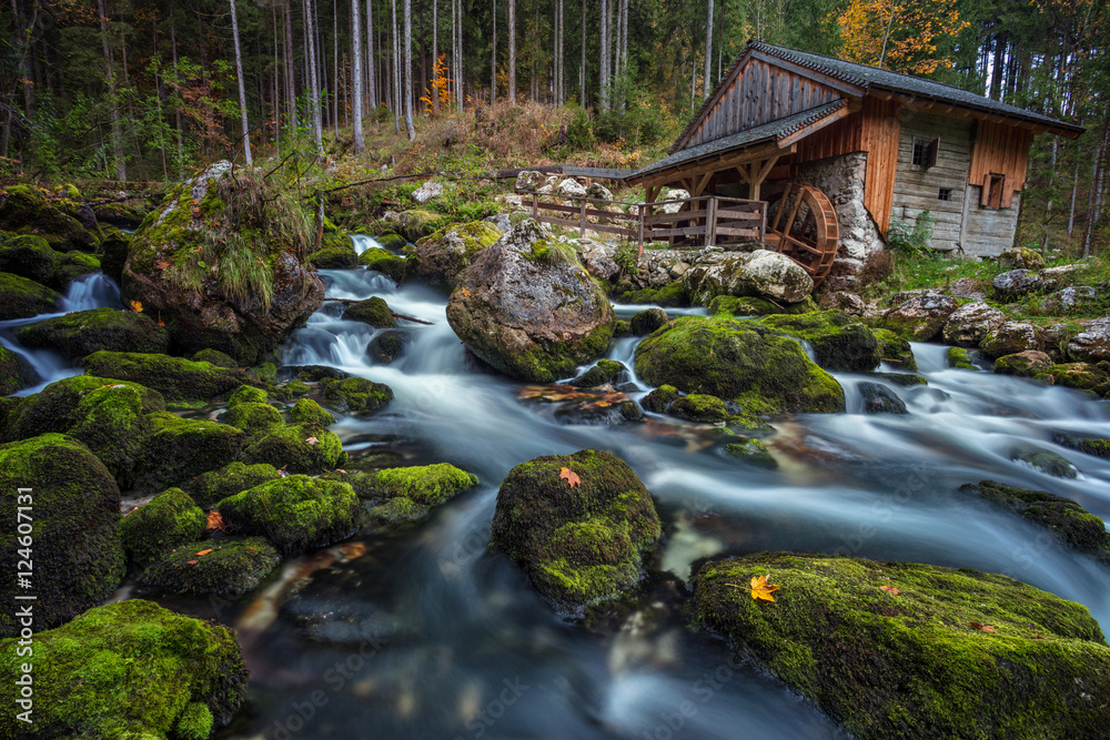Old Water Mill. Image of the old wooden water mill in the middle of the forest with the mountain creek in the foreground.