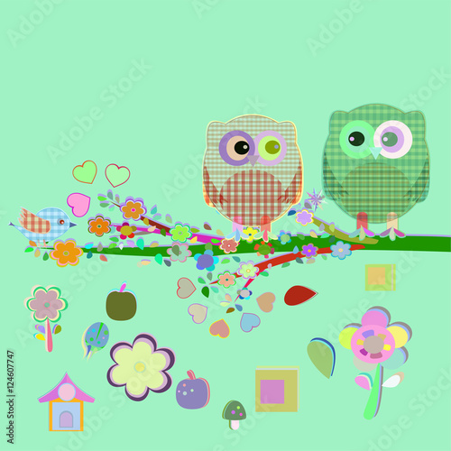 Valentine boy and girl owls sat on a tree branch