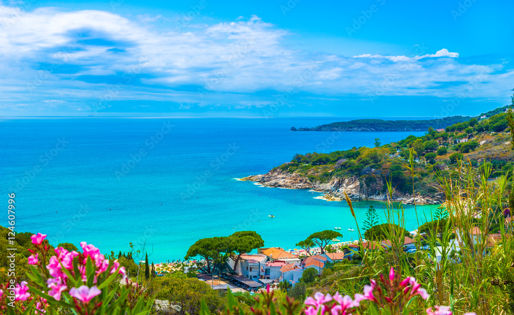 Panoramic view over cavoli beach and coast in Elba island, Tuscany, Italy.