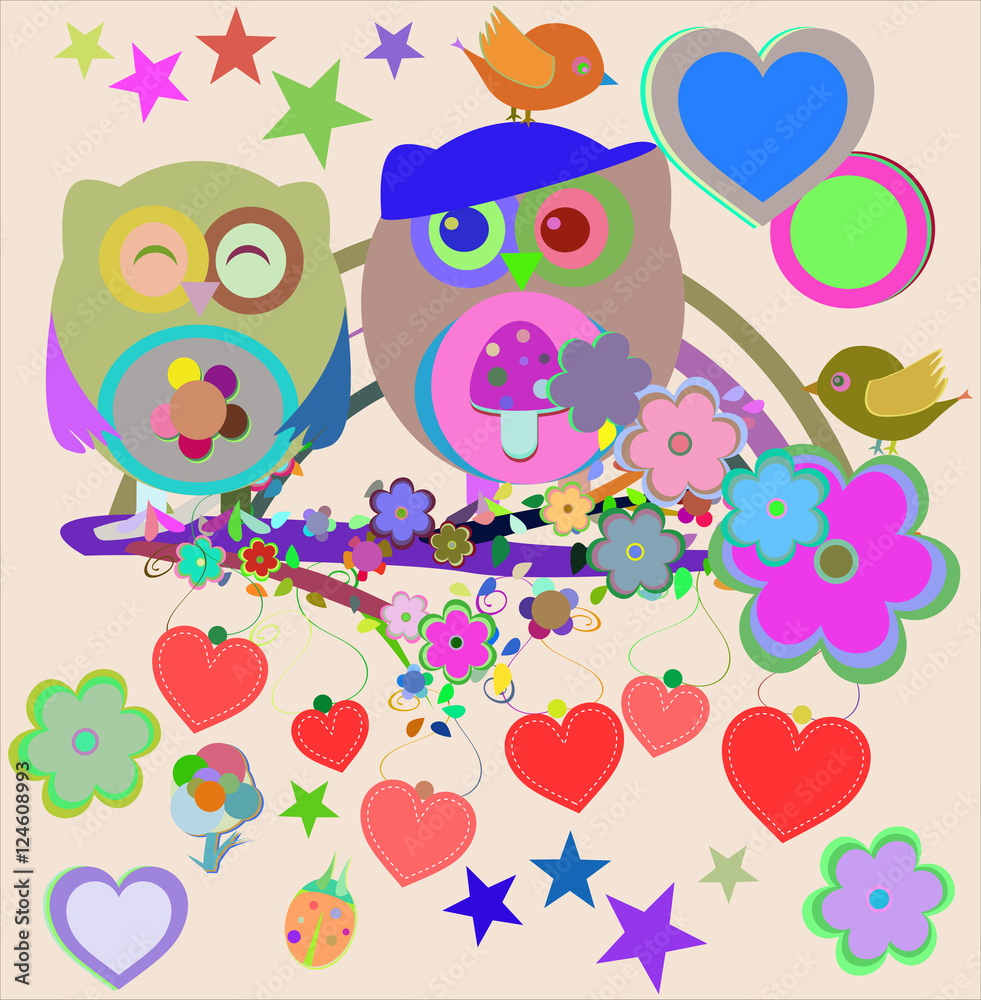 Naklejka premium Two cute owls and bird on the flower tree branch