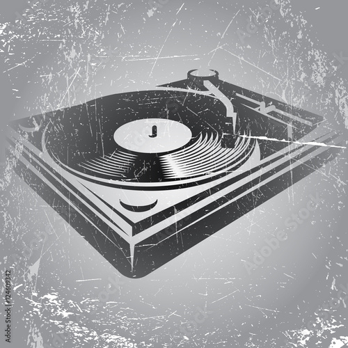 illustration in retro style with DJ console on gray background with scratches