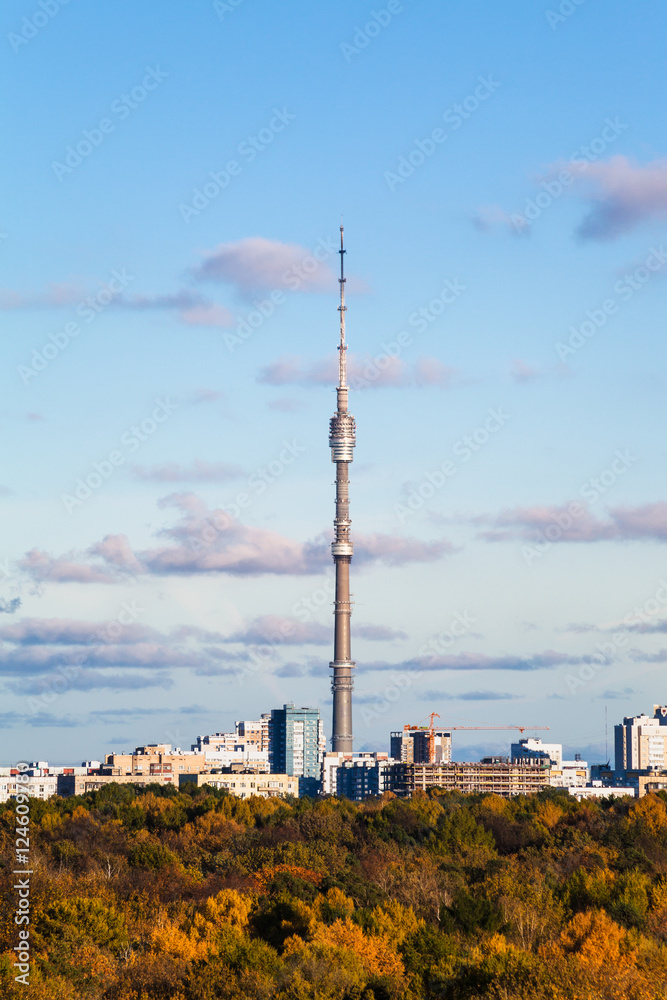 ostankinskaya tv tower in city in sunny autumn day
