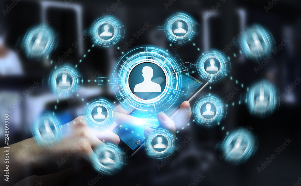 Businessman using blue social network 3D rendering Businessman using blue social network 3D rendering