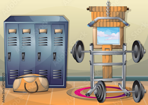 cartoon vector illustration interior fitness room with separated layers in 2d graphic
