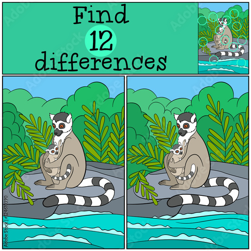 Educational game: Find differences. Mother lemur with her baby.