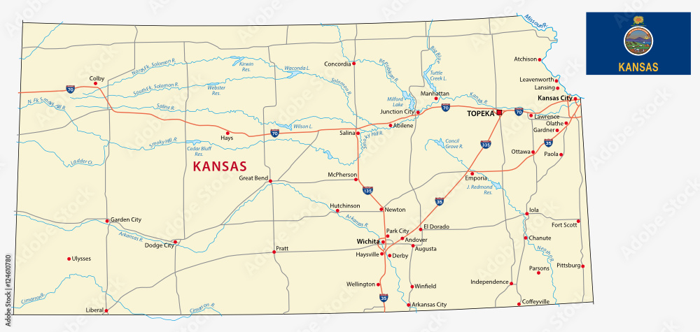 kansas road map with flag