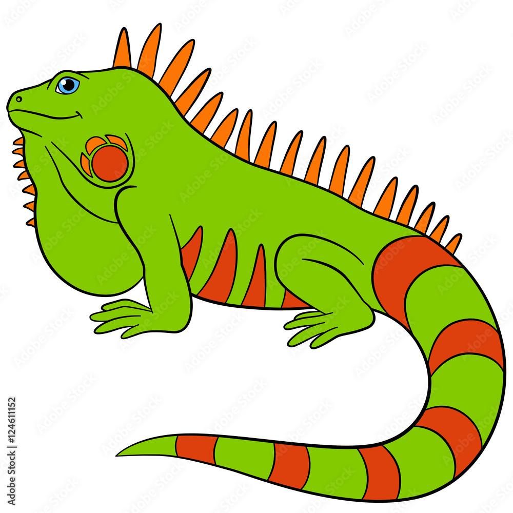 Naklejka premium Cartoon animals. Cute green iguana smiles.