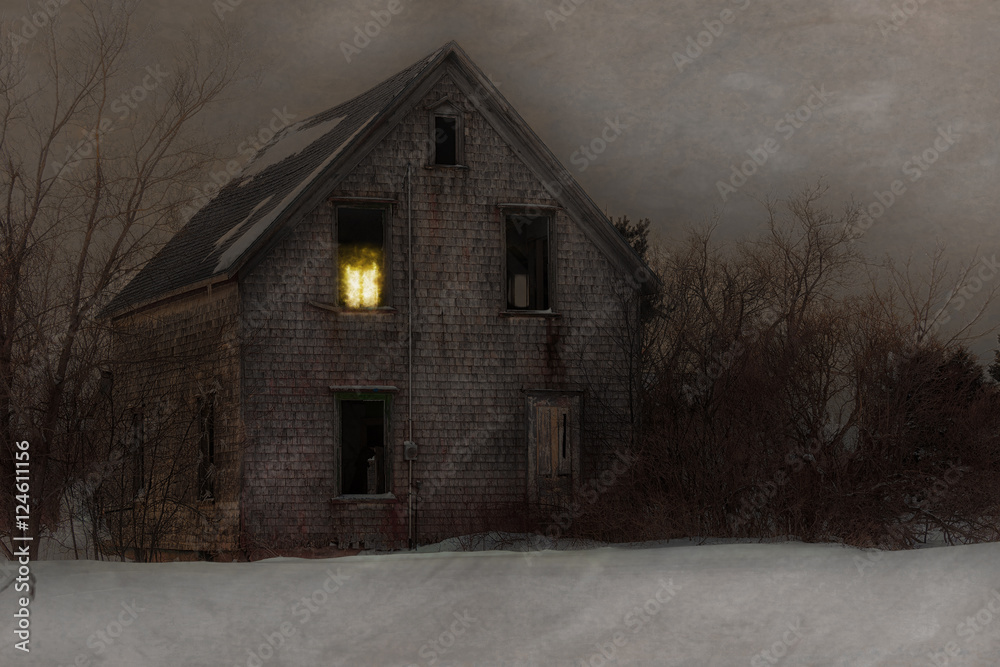 Obraz premium Haunted farmhouse with one light burning.