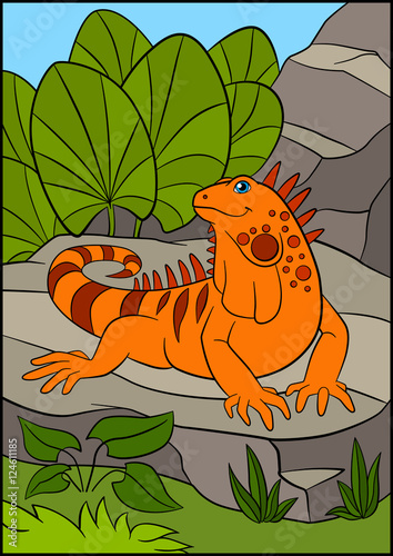 Fototapeta Naklejka Na Ścianę i Meble -  Cartoon animals. Cute orange iguana sits on the rock.