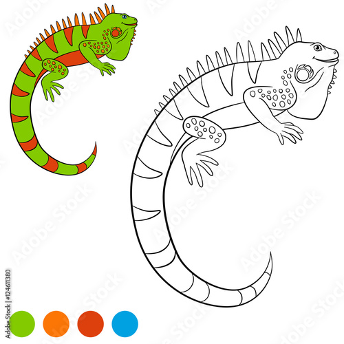 Color me: iguana. Cute green iguana smiles.
