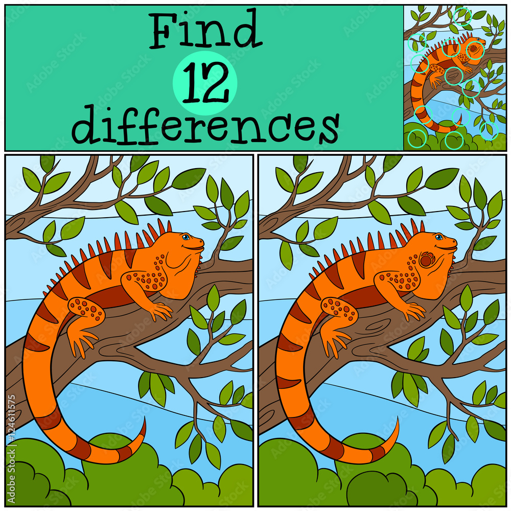 Naklejka premium Educational game: Find differences. Cute iguana sits on the tree
