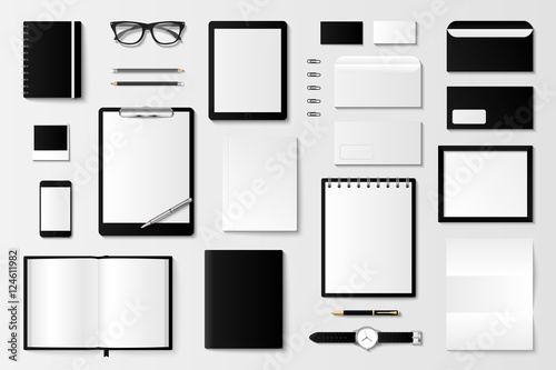 Corporate identity template set. Business stationery mock-up with logo. Branding design. Notebook, card, catalog, pen, pencil, badge, tablet pc mobile phone letterhead
