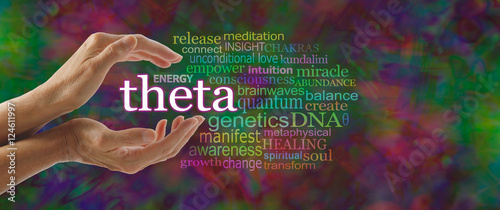 Theta Word Cloud - female hands cupped around the word THETA surrounded by relevant words on a dark multicolored random pattern  background 