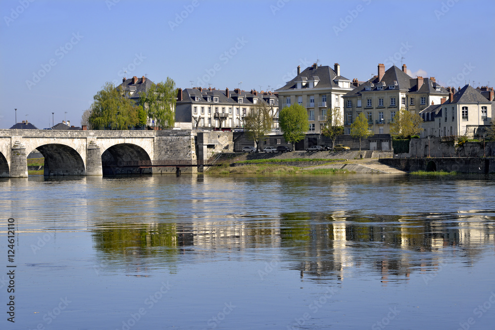 Loire river and Cessart bridge at Saumur, commune in the Maine-et-Loire department , Pays de la Loire region in western France.