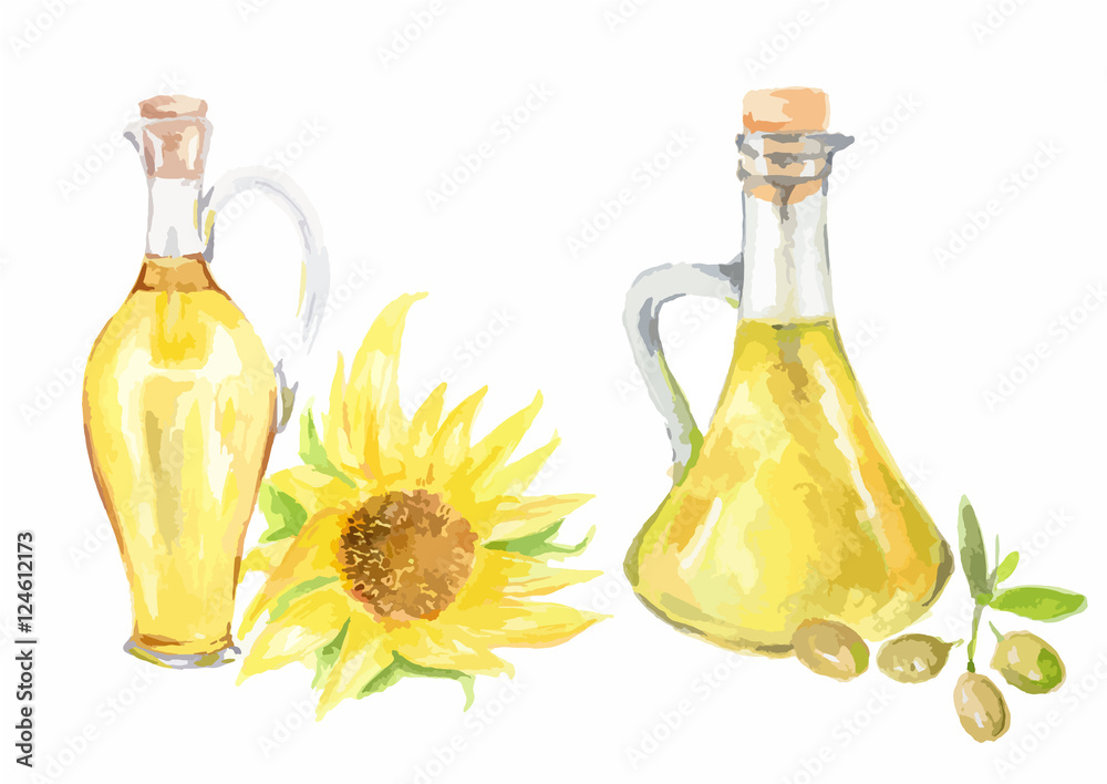 Watercolor sunflower oil bottles with sunflower on white background. Healthy and useful oil for frying and dressing.