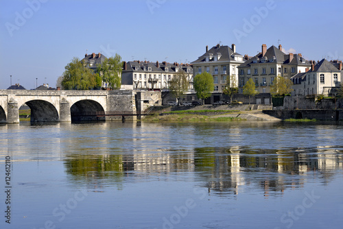 Loire river and Cessart bridge at Saumur, commune in the Maine-et-Loire department , Pays de la Loire region in western France.