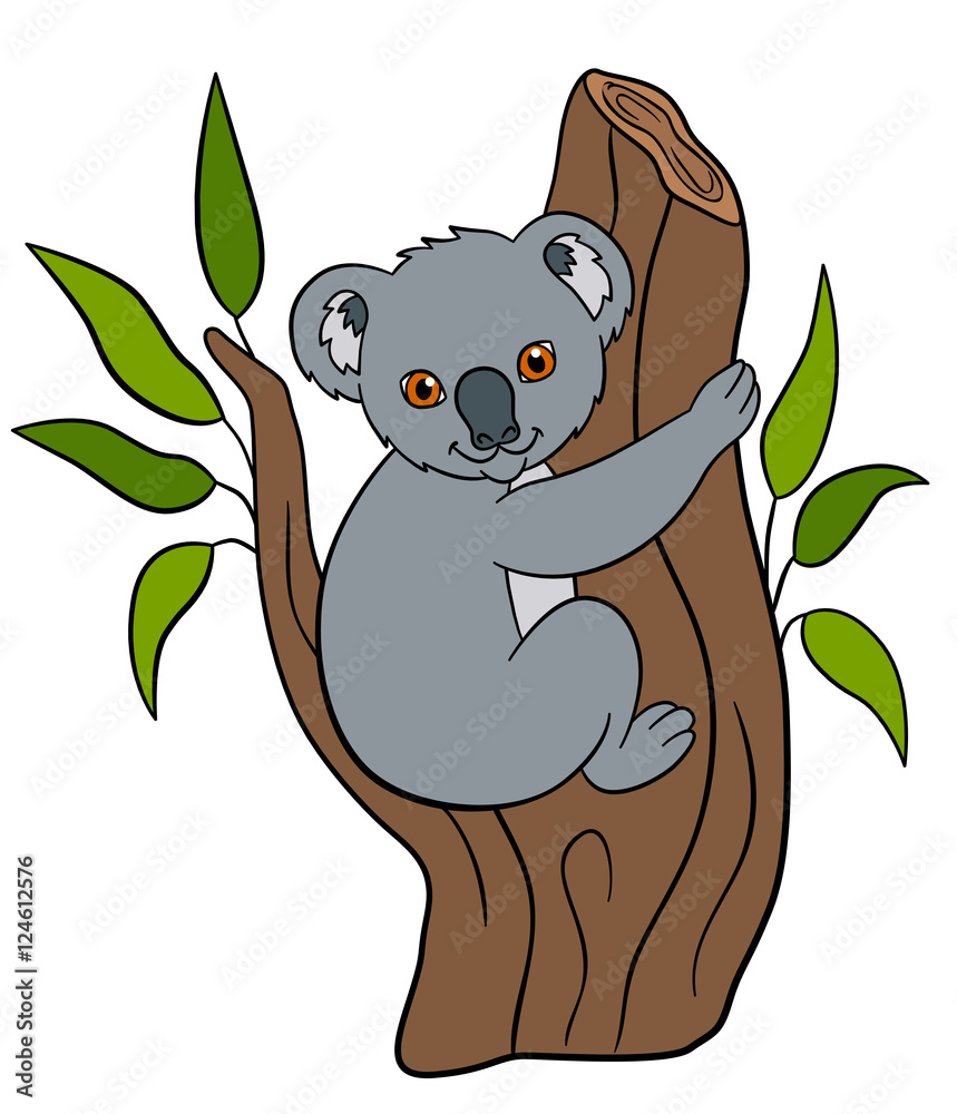 Fototapeta premium Cartoon animals. Little cute baby koala smiles.