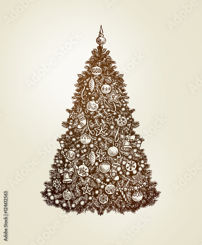 Vintage Christmas tree with xmas decorations. Hand-drawn sketch vector