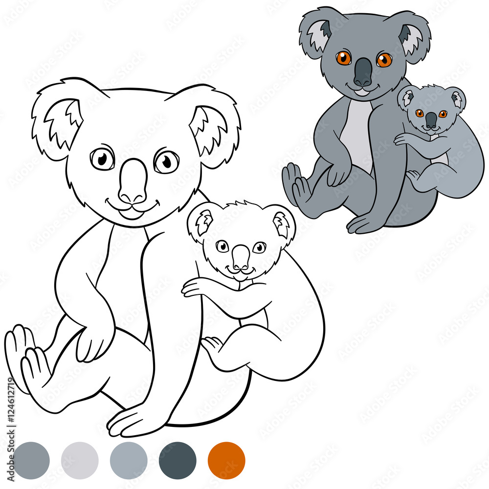 Naklejka premium Color me: koala. Mother koala with her cute baby.