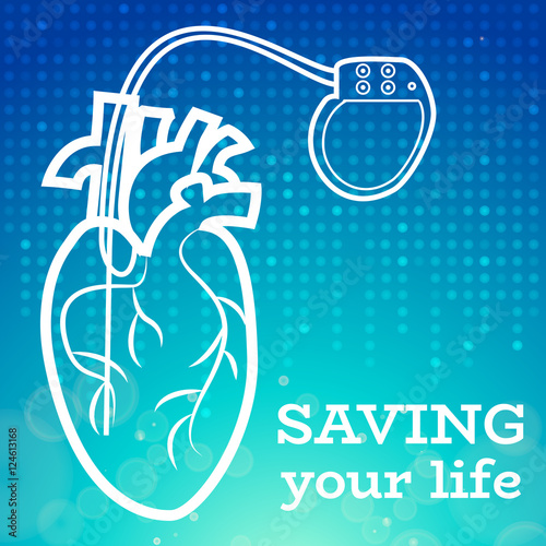 Heart with heart pacemaker medical wallpaper,vector illustration.Human Heart logo and Heart Pacemaker lifesaver on blue dotted wallpaper. Medical wallpaper for medical site,cardiology clinic