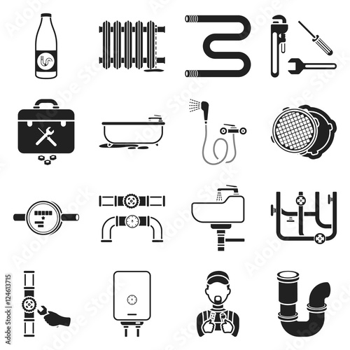 Plumbing set icons in black style. Big collection plumbing vector symbol stock illustration