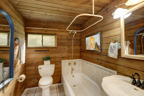 Bathroom interior in a luxurious log cabin.