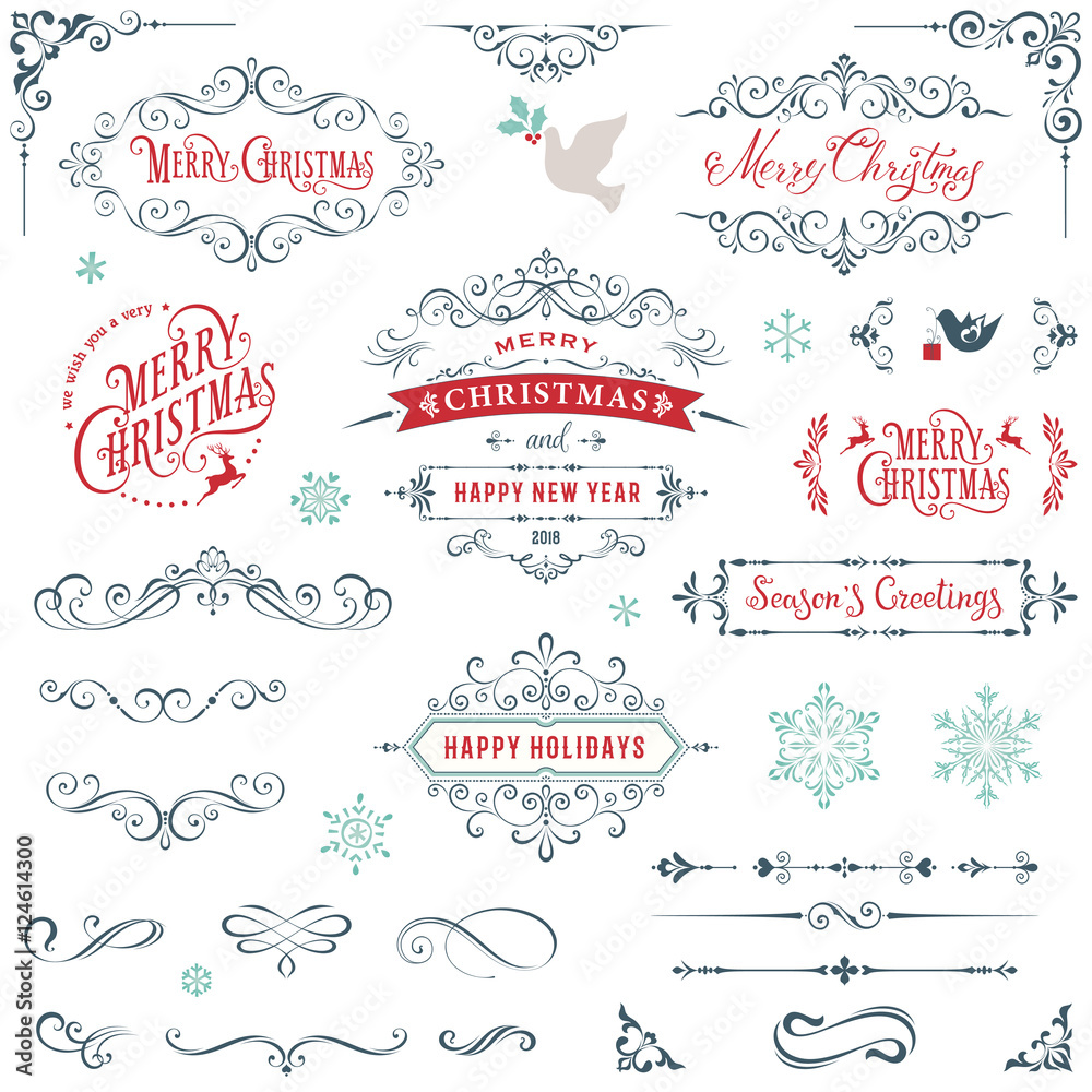 Ornate Christmas frames and swirl elements with Merry Christmas quotes, snowflakes, dove and bird. Ornate Christmas frames and swirl elements with Merry Christmas quotes, snowflakes, dove and bird.
