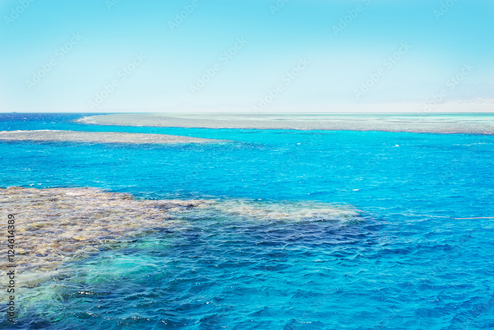 clear blue Red Sea with coral and white sand strip, Egypt