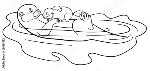 Coloring pages. Mother otter swims with her cute baby.