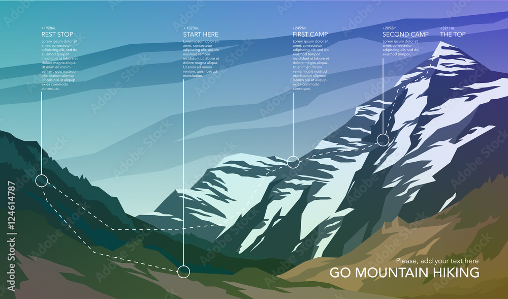 Fototapeta premium High mountain landscape infographic. Hiking trail in national park. Wilderness. Spectacular view. Web banner. Vector illustration
