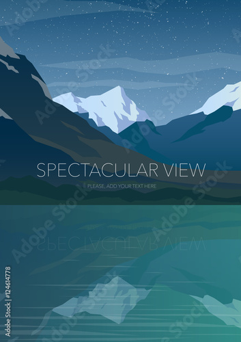High mountains and calm lake water landscape. Clear sky and stars. Spectacular view. Poster. Modern flat design. Vector illustration