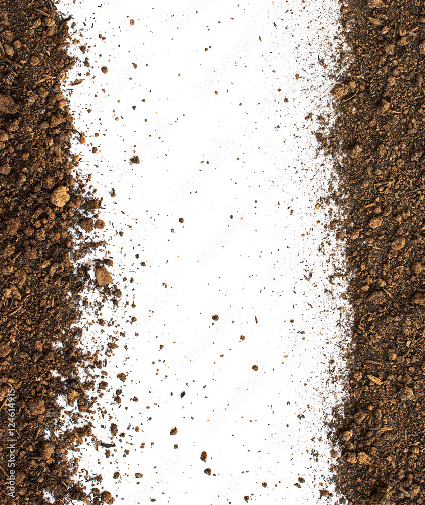 Dirty earth on white background. Natural soil texture Dirty earth on white background. Natural soil texture