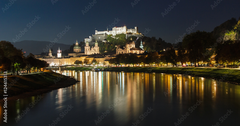 Old historic city of Salzburg in Austria by night