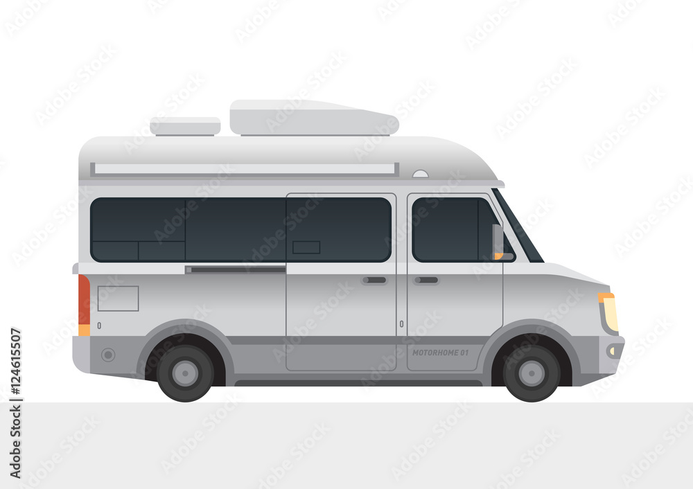 Modern small size camper van motor home. Camping RV travel family caravan truck. New flat realistic style. Clip art for your design. Vector illustration