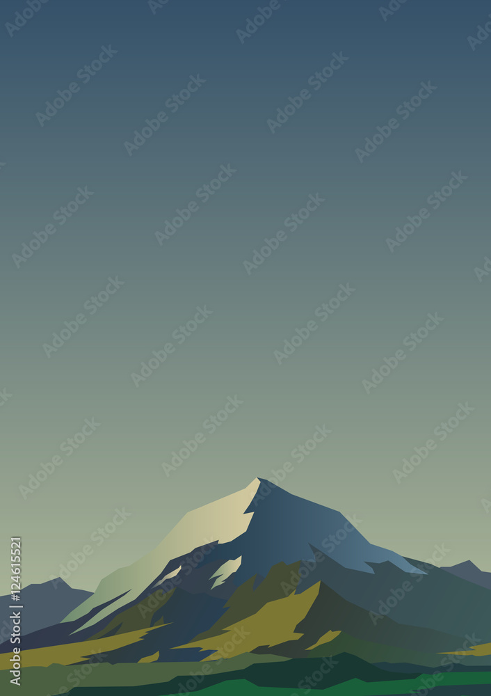 High mountains and calm clear sky. Spectacular morning view with deep shadows. Yellow glow. Poster or banner. Modern realistic design. Vector illustration