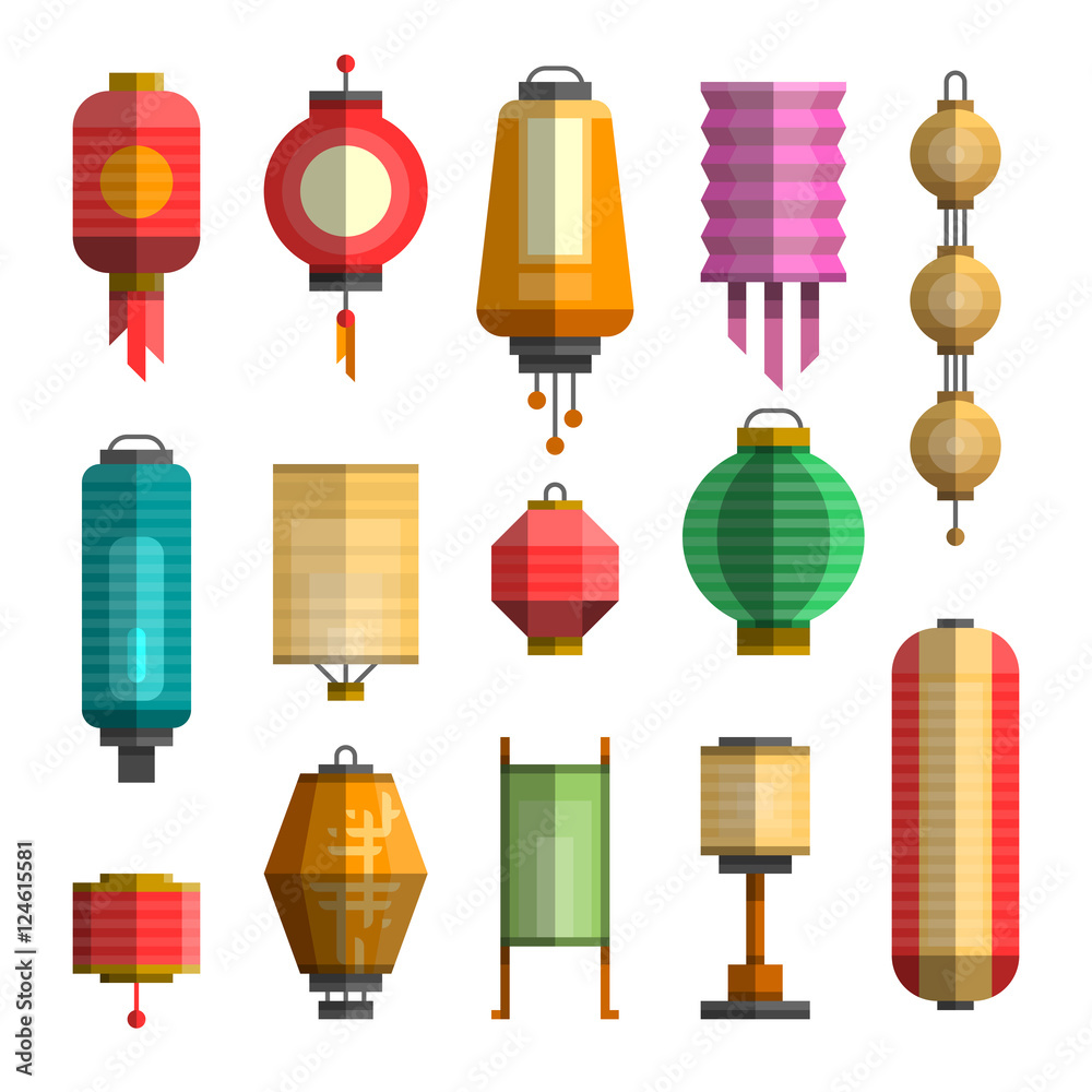 Naklejka premium Modern colorful flat vector illustration with different china lanterns. China holiday, festival paper lantern. Elements for your design, web, posters, banners, postcards, advertising