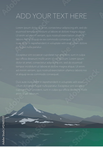 Fototapeta Naklejka Na Ścianę i Meble -  High hills with snow and calm lake water. Spectacular view. Gray clouds. Poster or banner for your message. Modern realistic design. Vector illustration