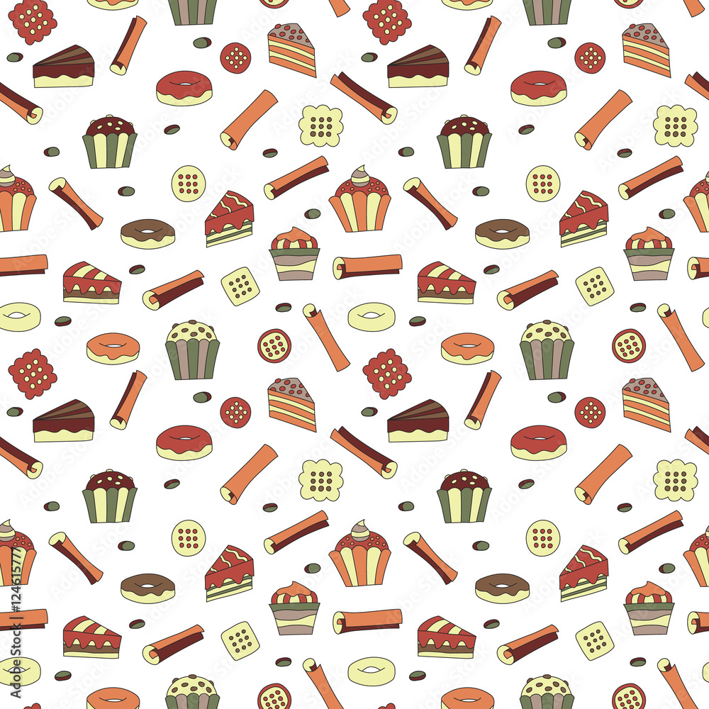 Dessert seamless pattern. Hand drawn retro design. Cute cafe or restaurant background. Capcake, chocolate, donut, cinnamon illustration. Dessert seamless pattern. Hand drawn retro design. Cute cafe or restaurant background. Capcake, chocolate, donut, cinnamon illustration.
