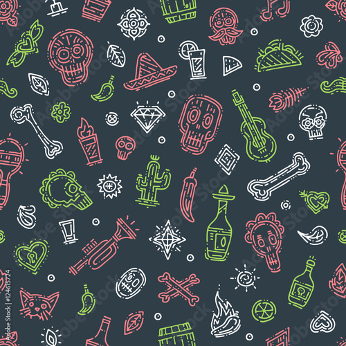 Vector illustration on the theme of day of the death. Creepy holiday pattern with different elements, skulls, tequila, pepper, bones. Autumn holiday. Season Mexican holiday. Hand drawn elements icons