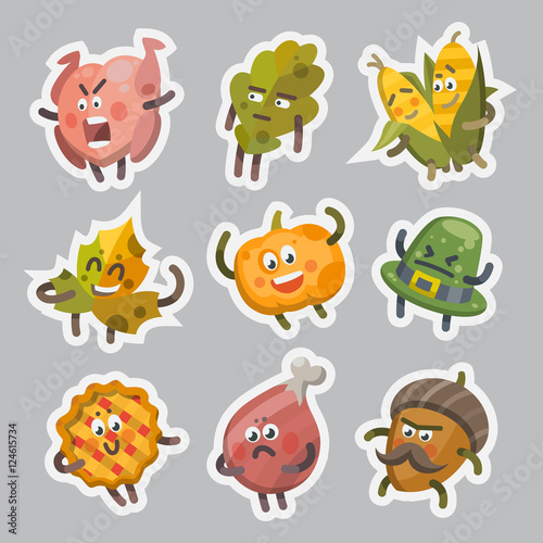 Vector illustration emoticons emoji stickers set on theme of autumn holiday. Autumn emoticons happy thanksgiving day. Different emotions funny pumpkin, leaf, turkey, sweet pie, angry hat, corn, acorn