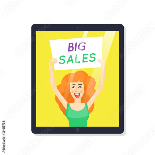 Cy-ber Monday. Happy girl with a big sale banner in tablet. Discount. On-line shopping. Character. Flat design vector.