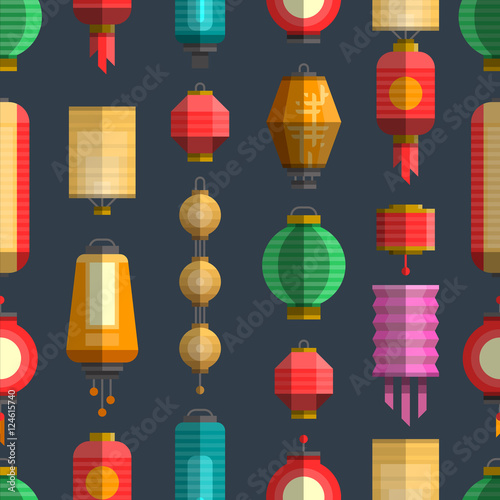 Modern colorful flat vector illustration with different china lanterns. China holiday, festival paper lantern seamless pattern. Elements for your design, web, posters, banners, postcards, advertising