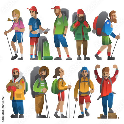 Vector illustration on the theme of hiking, backpacking, climbing, traveling, trekking, walking. Big set of hiking people. Adventure in nature outdoor recreation vacation. For postcard, banner, web