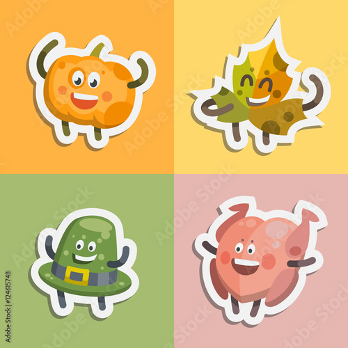 Vector illustration emoticons emoji stickers set on theme of autumn holiday. Autumn emoticons happy thanksgiving day. Different emotions funny pumpkin, delicious ham, sweet pie, brave acorn